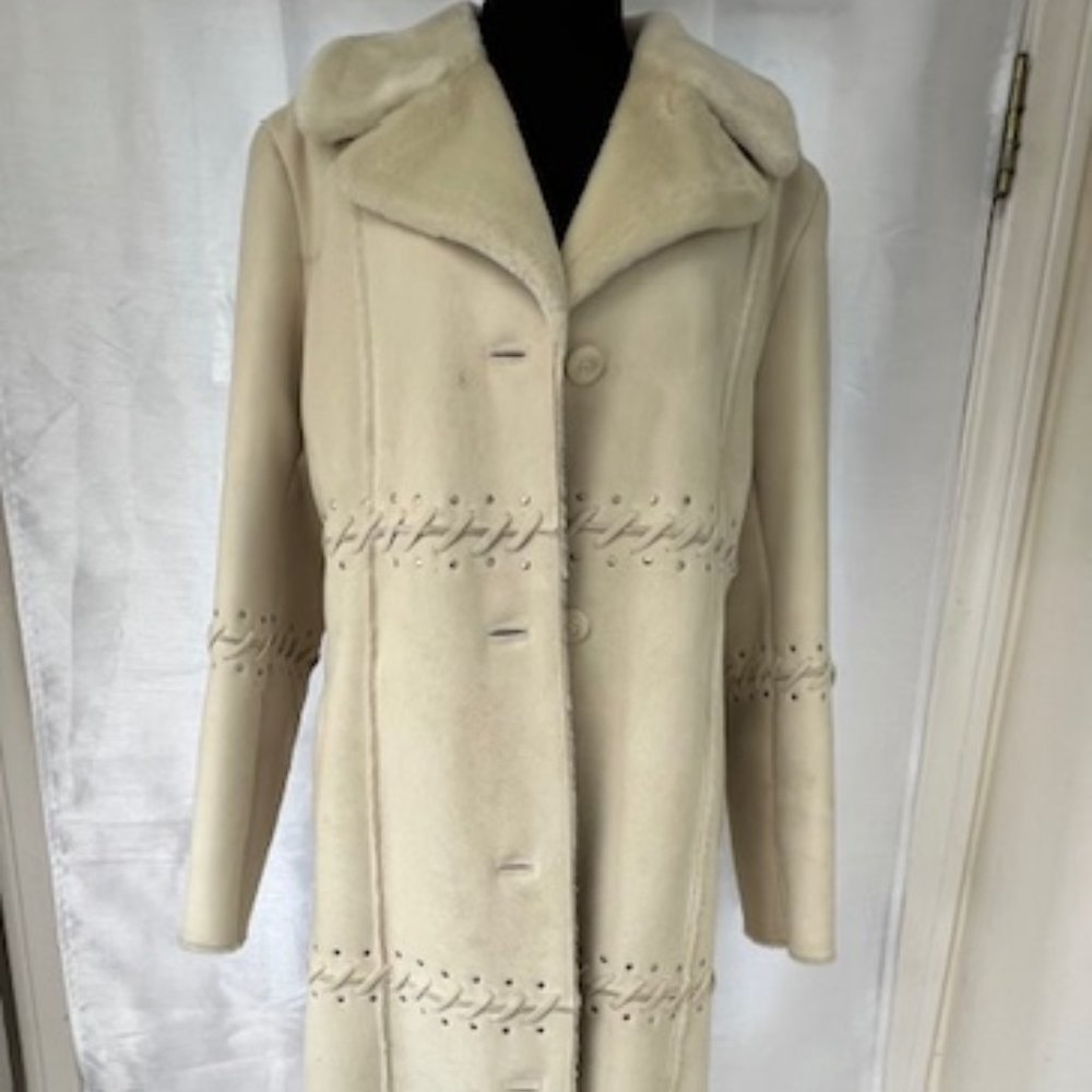 DB Studio VINTAGE Y2K Cream Faux Suede Full Length Coat Faux Fur Lining Size M